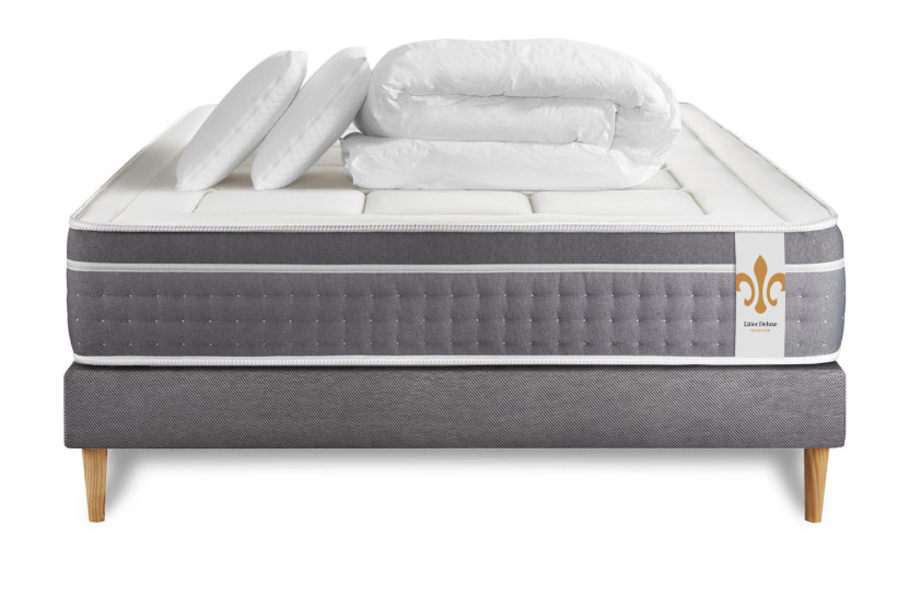 Pack lit complet 200x200 cm - Matelas + Sommier Gris (en kit) + 2 oreillers + Couette - Trente