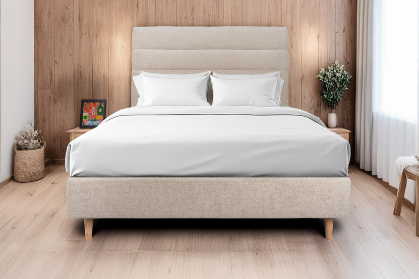 Tête de lit 135 cm Lignes - Tissu Toile Natté Beige Brun