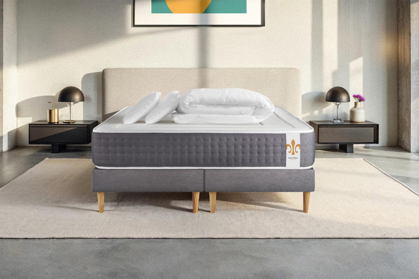 Pack lit complet 160x200 cm - Matelas + 2 Sommiers Gris + 2 oreillers + Couette - Vingt-Six