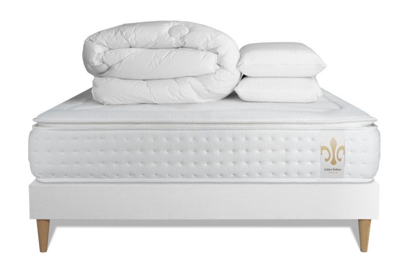 Pack lit complet 140x190 cm - Matelas + Sommier Blanc + 2 oreillers + Couette - Vingt-Quatre PLUS
