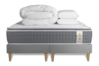 Pack lit complet 160x200 cm - Matelas + 2 Sommiers Gris + 2 oreillers + Couette - Vingt-Six PLUS