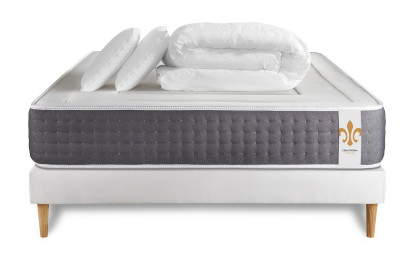 Pack lit complet 140x190 cm - Matelas + Sommier Blanc (en kit) + 2 oreillers + Couette - Vingt-Six