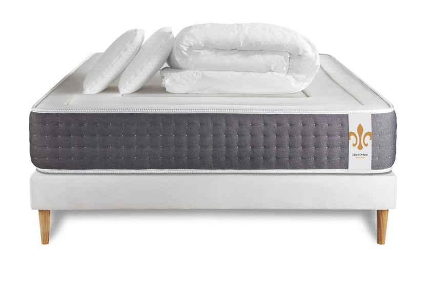 Pack lit complet 140x190 cm - Matelas + Sommier Blanc (en kit) + 2 oreillers + Couette - Vingt-Six