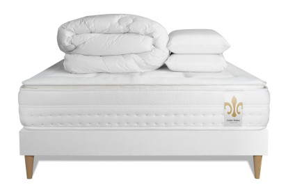 Pack lit complet 140x200 cm - Matelas + Sommier Blanc + 2 oreillers + Couette - Vingt-Huit PLUS
