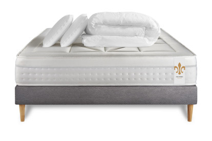 Pack lit complet 140x190 cm - Matelas + Sommier Gris (en kit) + 2 oreillers + Couette - Vingt-Huit