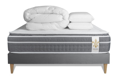 Pack lit complet 140x200 cm - Matelas + Sommier Gris (en kit) + 2 oreillers + Couette - Trente PLUS