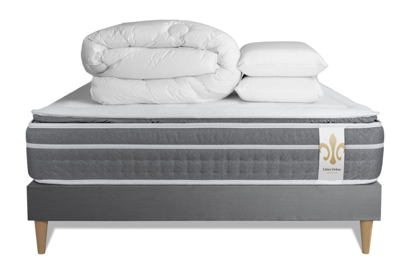 Pack lit complet 140x200 cm - Matelas + Sommier Gris (en kit) + 2 oreillers + Couette - Trente PLUS
