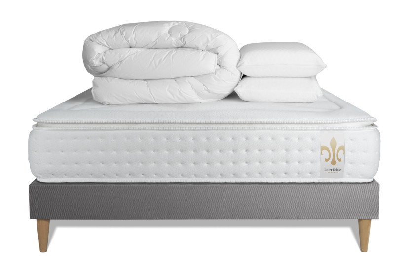 Pack lit complet 140x200 cm - Matelas + Sommier Gris (en kit) + 2 oreillers + Couette - Vingt-Quatre PLUS