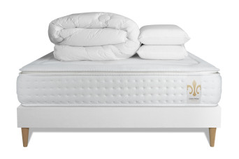 Pack lit complet 140x190 cm - Matelas + Sommier Blanc (en kit) + 2 oreillers + Couette - Vingt-Quatre PLUS