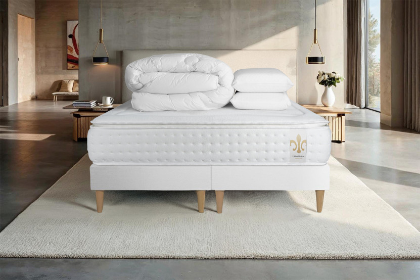 Pack lit complet 180x200 cm - Matelas + 2 Sommiers Blancs + 2 oreillers + Couette - Vingt-Quatre PLUS