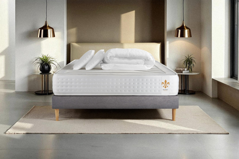 Pack lit complet 160x200 cm - Matelas + Sommier Gris (en kit) + 2 oreillers + Couette - Vingt-Quatre