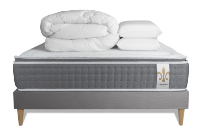 Pack lit complet 140x200 cm - Matelas + Sommier Gris + 2 oreillers + Couette - Vingt-Six PLUS