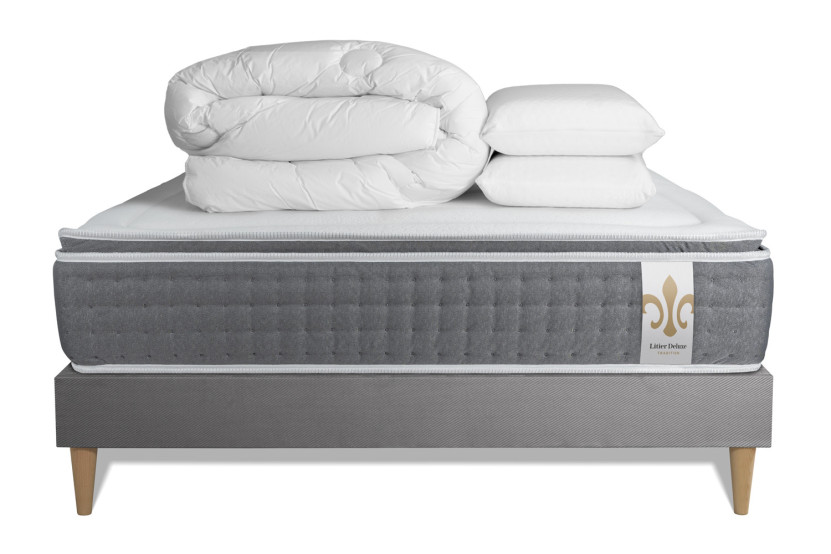 Pack lit complet 140x200 cm - Matelas + Sommier Gris + 2 oreillers + Couette - Vingt-Six PLUS