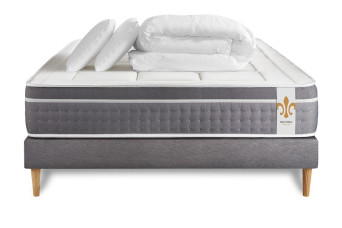Pack lit complet 140x200 cm - Matelas + Sommier Gris (en kit) + 2 oreillers + Couette - Trente