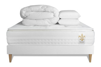 Pack lit complet 180x200 cm - Matelas + Sommier Blanc (en kit) + 2 oreillers + Couette - Vingt-Huit PLUS