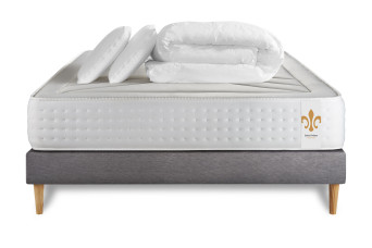 Pack lit complet 140x200 cm - Matelas + Sommier Gris + 2 oreillers + Couette - Vingt-Quatre
