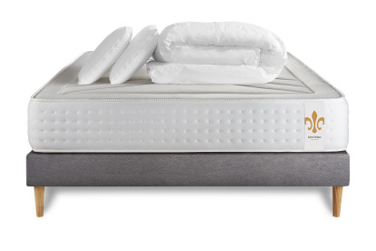 Pack lit complet 140x200 cm - Matelas + Sommier Gris + 2 oreillers + Couette - Vingt-Quatre