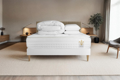 Pack lit complet 200x200 cm - Matelas + Sommier Blanc (en kit) + 2 oreillers + Couette - Vingt-Huit PLUS