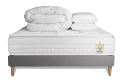 Pack lit complet 160x200 cm - Matelas + Sommier Gris + 2 oreillers + Couette - Vingt-Huit PLUS