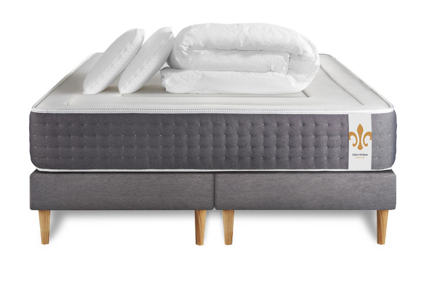 Pack lit complet 200x200 cm - Matelas + 2 Sommiers Gris + 2 oreillers + Couette - Vingt-Six