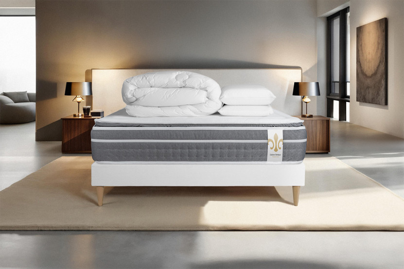 Pack lit complet 140x200 cm - Matelas + Sommier Blanc + 2 oreillers + Couette - Trente PLUS