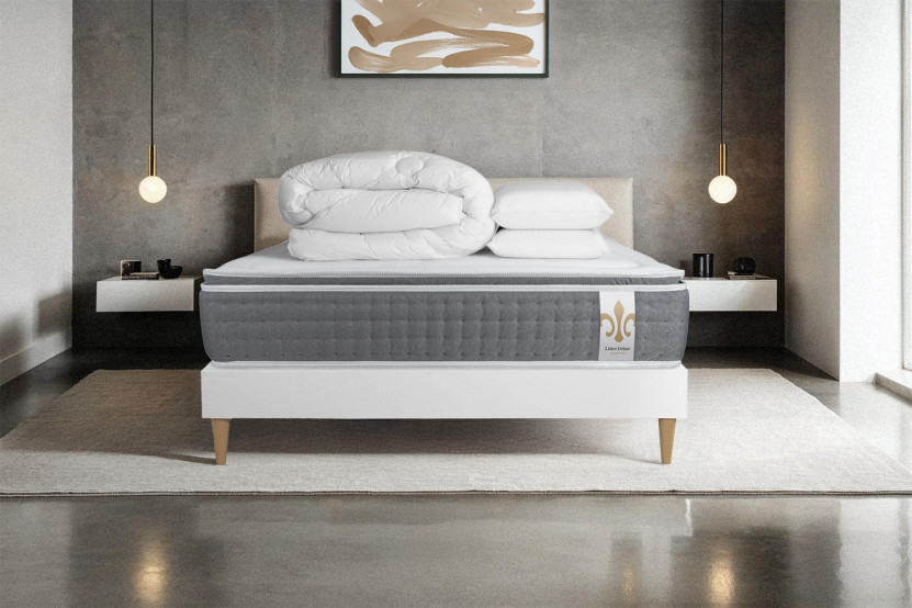 Pack lit complet 140x190 cm - Matelas + Sommier Blanc + 2 oreillers + Couette - Vingt-Six PLUS