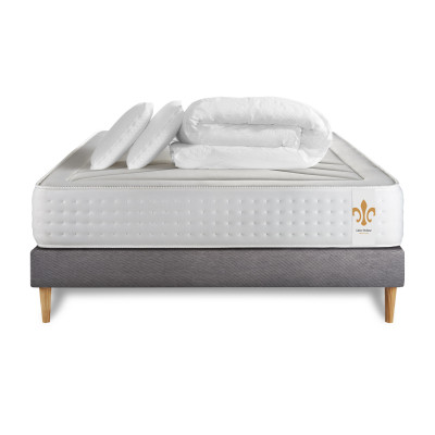 Pack lit complet 140x190 cm - Matelas + Sommier Gris (en kit) + 2 oreillers + Couette - Vingt-Quatre
