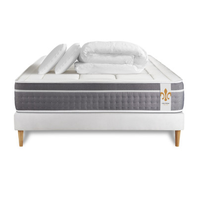 Pack lit complet 160x200 cm - Matelas + Sommier Blanc (en kit) + 2 oreillers + Couette - Trente