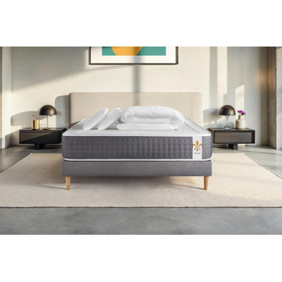 Pack lit complet 140x190 cm - Matelas + Sommier Gris (en kit) + 2 oreillers + Couette - Vingt-Six