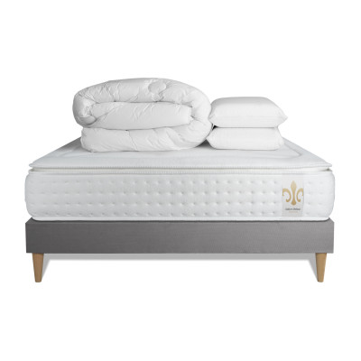 Pack lit complet 160x200 cm - Matelas + Sommier Gris (en kit) + 2 oreillers + Couette - Vingt-Quatre PLUS