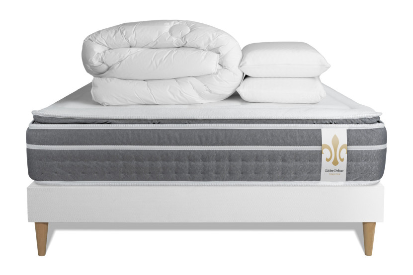 Pack lit complet 200x200 cm - Matelas + Sommier Blanc (en kit) + 2 oreillers + Couette - Trente PLUS