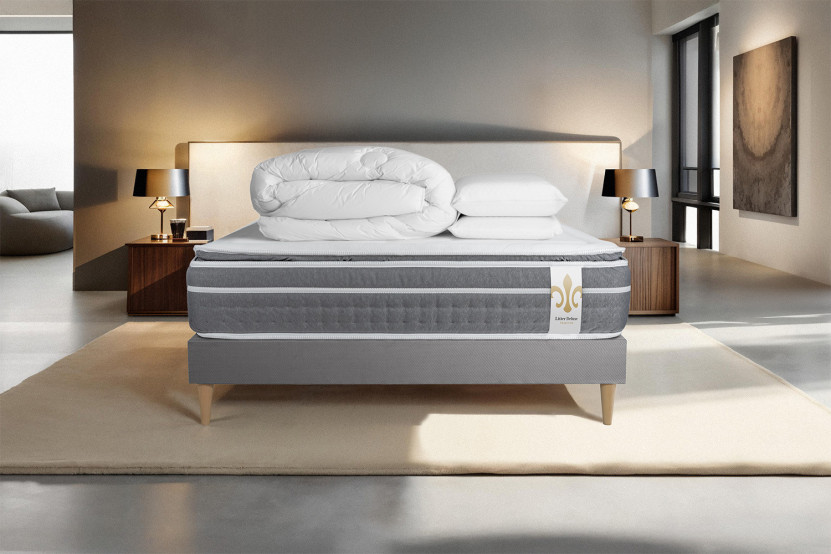 Pack lit complet 140x190 cm - Matelas + Sommier Gris (en kit) + 2 oreillers + Couette - Trente PLUS
