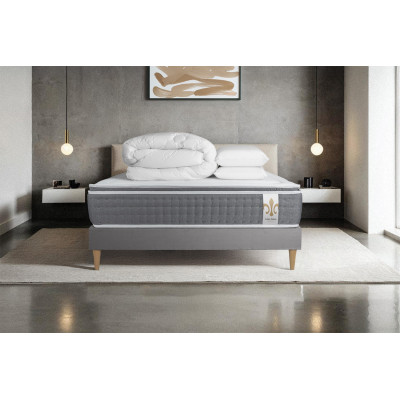 Pack lit complet 180x200 cm - Matelas + Sommier Gris (en kit) + 2 oreillers + Couette - Vingt-Six PLUS