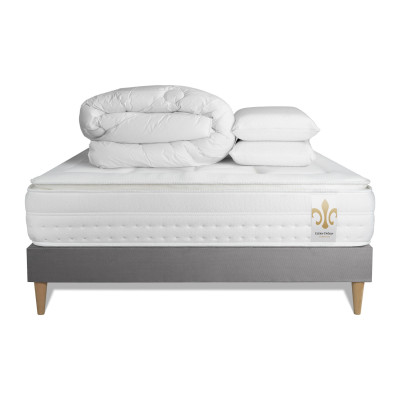 Pack lit complet 200x200 cm - Matelas + Sommier Gris (en kit) + 2 oreillers + Couette - Vingt-Huit PLUS