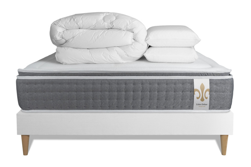 Pack lit complet 140x200 cm - Matelas + Sommier Blanc (en kit) + 2 oreillers + Couette - Vingt-Six PLUS