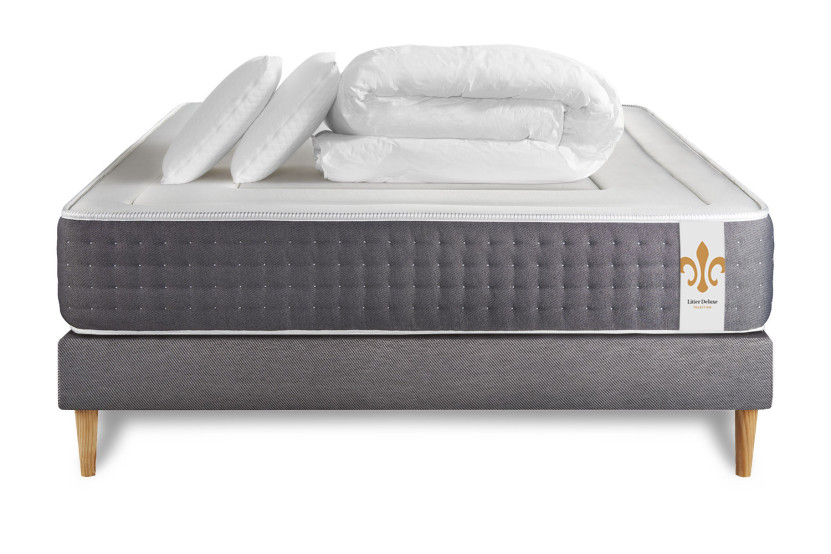 Pack lit complet 160x200 cm - Matelas + Sommier Gris (en kit) + 2 oreillers + Couette - Vingt-Six