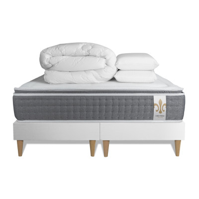 Pack lit complet 200x200 cm - Matelas + 2 Sommiers Blancs + 2 oreillers + Couette - Vingt-Six PLUS