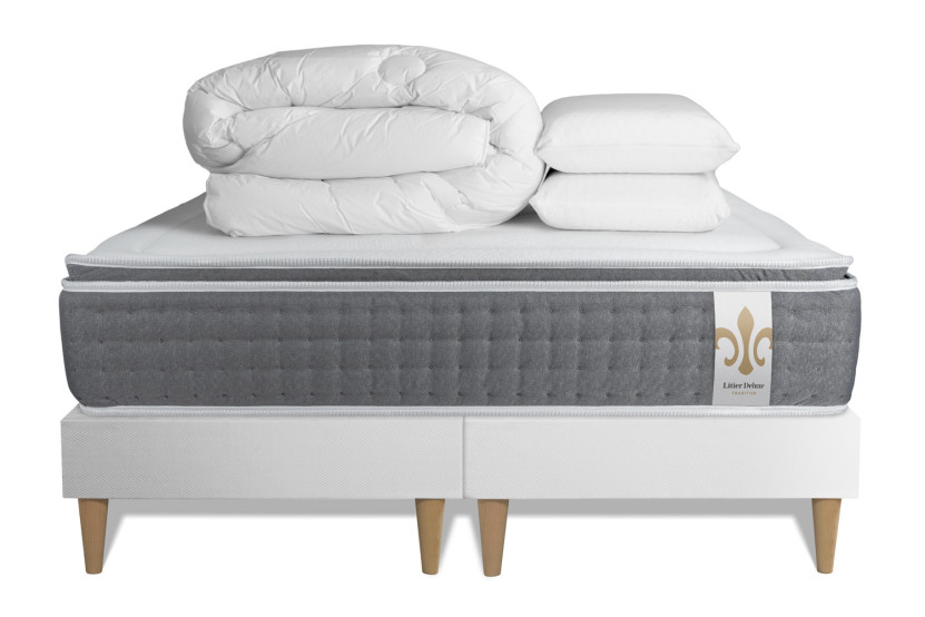 Pack lit complet 200x200 cm - Matelas + 2 Sommiers Blancs + 2 oreillers + Couette - Vingt-Six PLUS