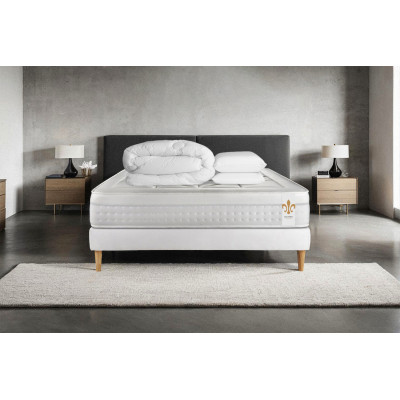 Pack lit complet 180x200 cm - Matelas + Sommier Blanc (en kit) + 2 oreillers + Couette - Vingt-Huit