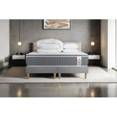 Pack lit complet 160x200 cm - Matelas + 2 Sommiers Gris + 2 oreillers + Couette - Vingt-Six PLUS