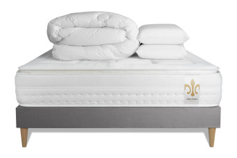 Pack lit complet 140x190 cm - Matelas + Sommier Gris + 2 oreillers + Couette - Vingt-Huit PLUS