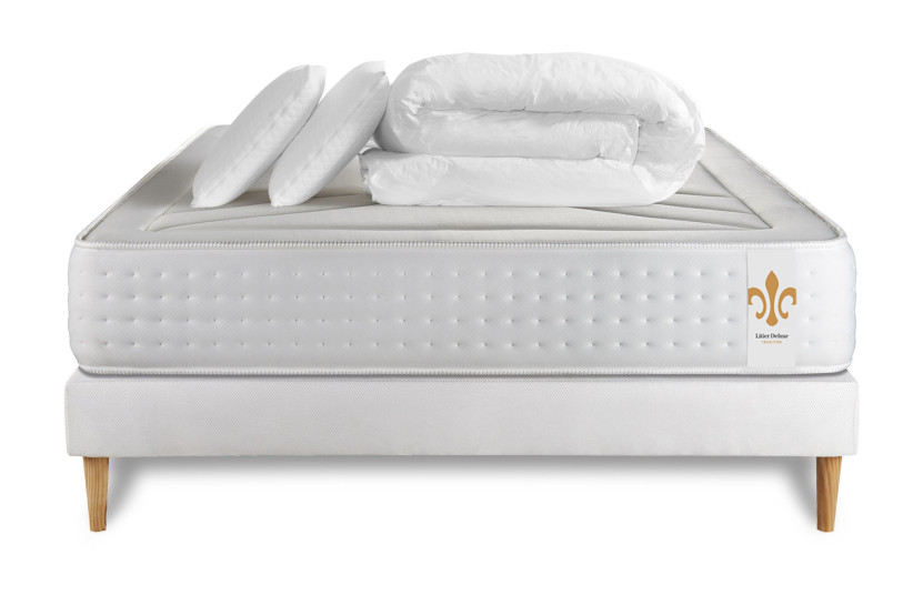 Pack lit complet 140x200 cm - Matelas + Sommier Blanc (en kit) + 2 oreillers + Couette - Vingt-Quatre