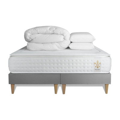 Pack lit complet 160x200 cm - Matelas + 2 Sommiers Gris + 2 oreillers + Couette - Vingt-Quatre PLUS