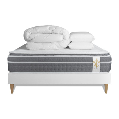 Pack lit complet 160x200 cm - Matelas + Sommier Blanc + 2 oreillers + Couette - Trente PLUS