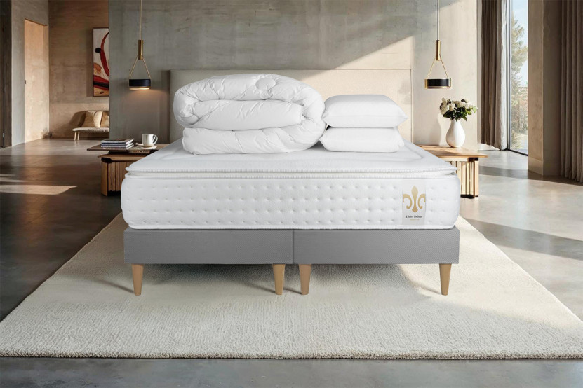 Pack lit complet 200x200 cm - Matelas + 2 Sommiers Gris + 2 oreillers + Couette - Vingt-Quatre PLUS