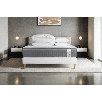Pack lit complet 180x200 cm - Matelas + Sommier Blanc (en kit) + 2 oreillers + Couette - Vingt-Six PLUS