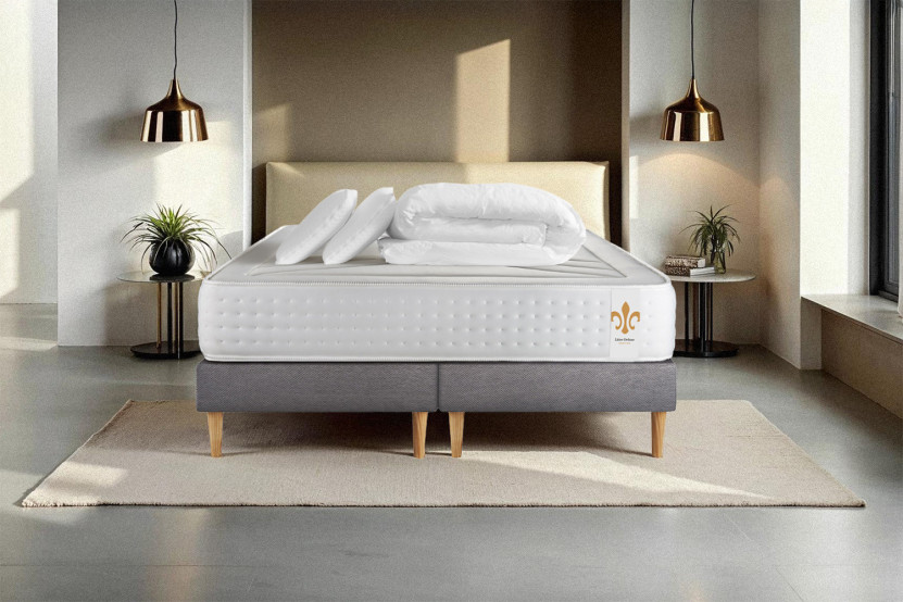 Pack lit complet 160x200 cm - Matelas + 2 Sommiers Gris + 2 oreillers + Couette - Vingt-Quatre