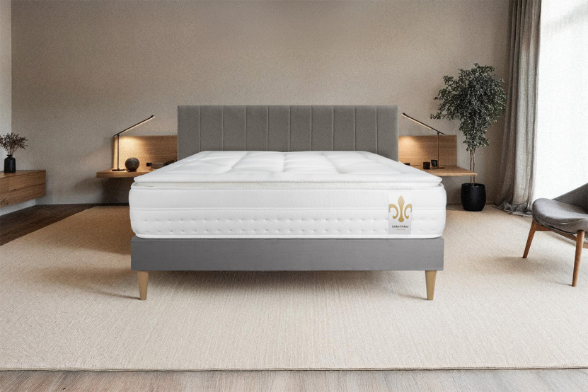 Pack lit complet 160x200 cm - Matelas + Sommier Gris + 2 oreillers + Couette - Vingt-Huit PLUS