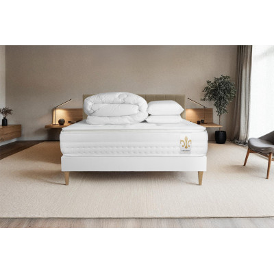 Pack lit complet 160x200 cm - Matelas + Sommier Blanc (en kit) + 2 oreillers + Couette - Vingt-Huit PLUS