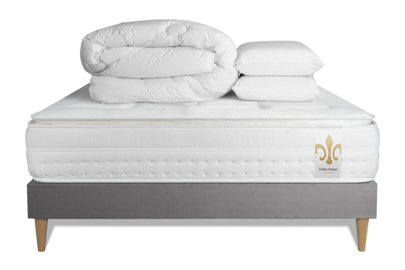 Pack lit complet 140x190 cm - Matelas + Sommier Gris (en kit) + 2 oreillers + Couette - Vingt-Huit PLUS